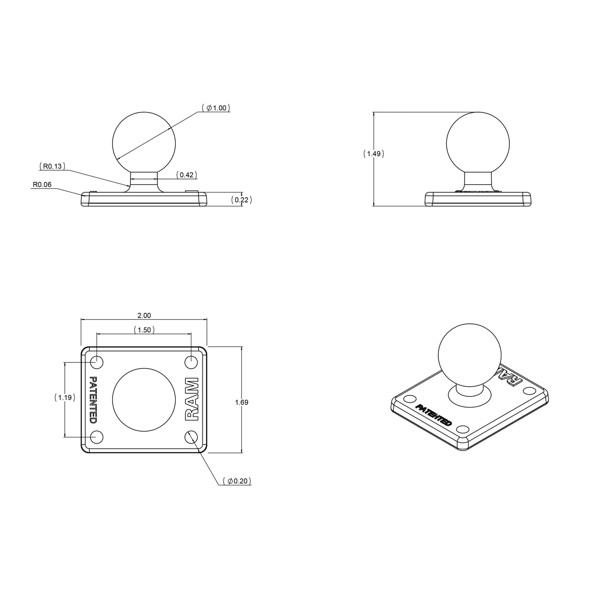 RAM® Ball Adapter with AMPS Plate - B Size
